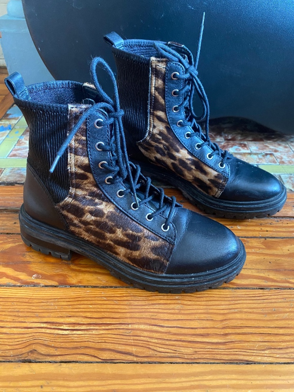 Vince Camuto Bestenda Leather Lace-Up Lug Sole Combat Boot Black/Leopard